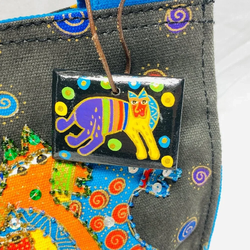 Laurel Burch Small Canvas Art Tote Bag With Blue Wooden Handles Horse Print
